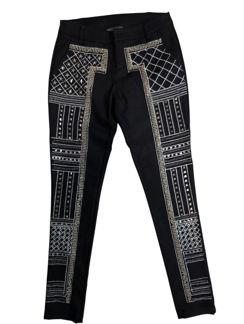 TOY G. Black Studded & Beaded Geometric Statement Skinny Pants
